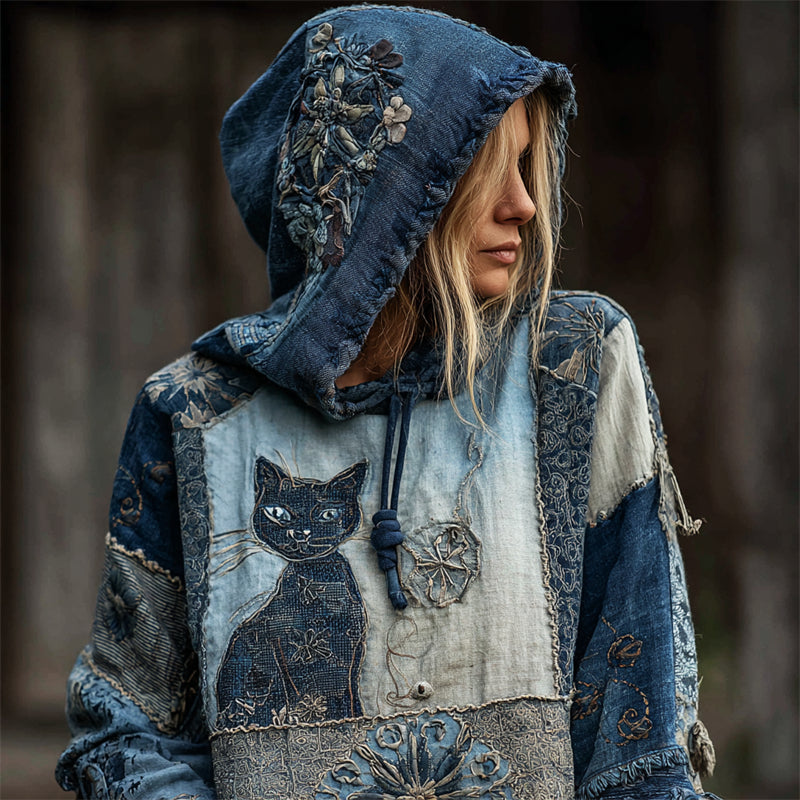 Comstylish Vintage Cat Boho Floral Embroidered Patchwork Hoodie