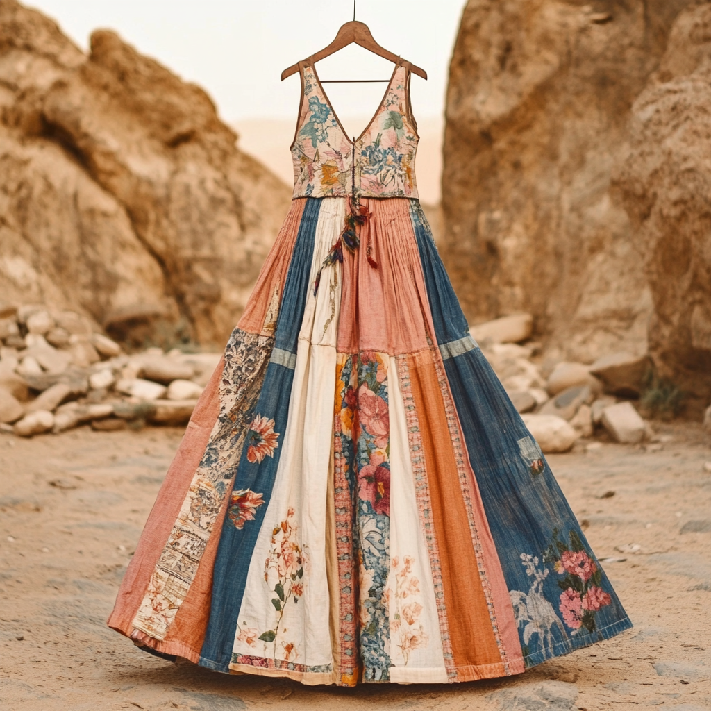 Comstylish Women's Vintage Bohemian Floral Patch V-neck Cotton And Linen Dress