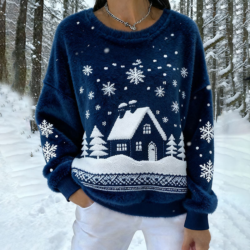 Comstylish Vintage Christmas Snow Cabin Art Women's Fleece Sweater