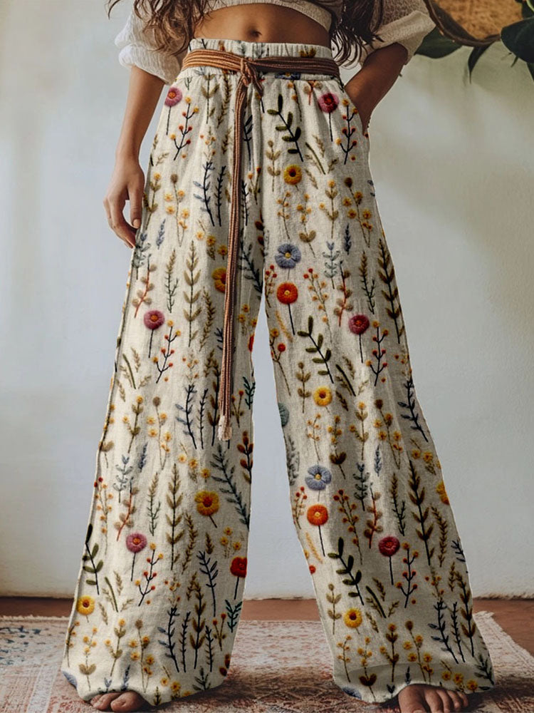 Vintage Boho Flowers Embroidered Linen Blend Casual Pants artswardrobe