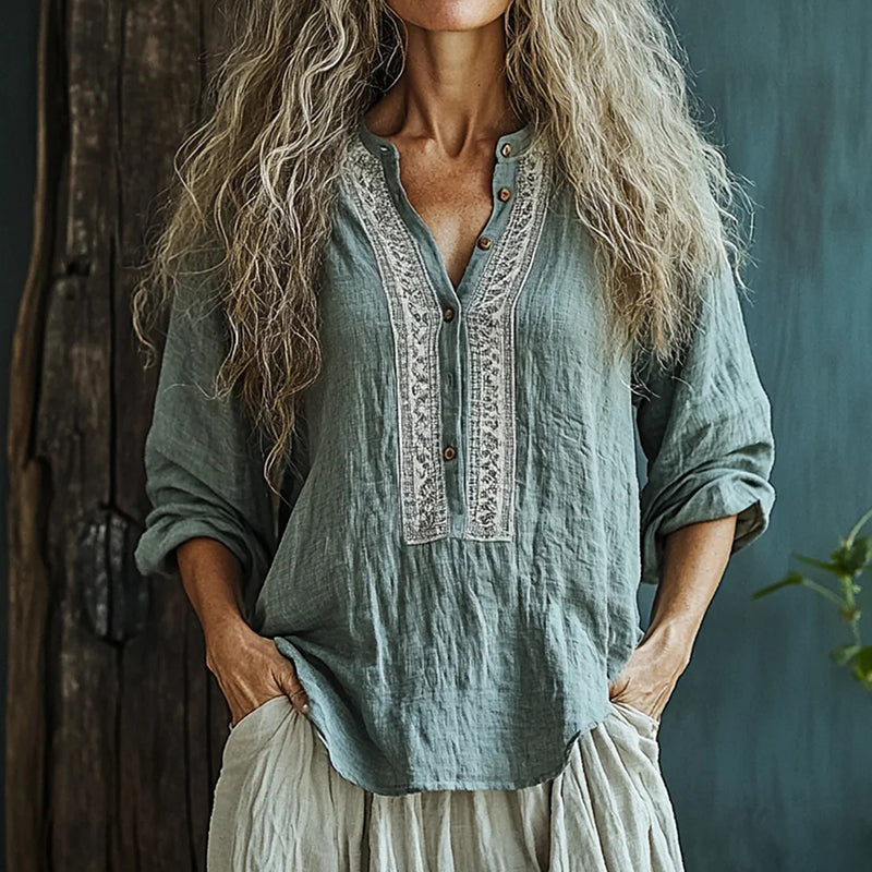 Bohemian Linen Floral Art Print Long Sleeve Shirt artswardrobe