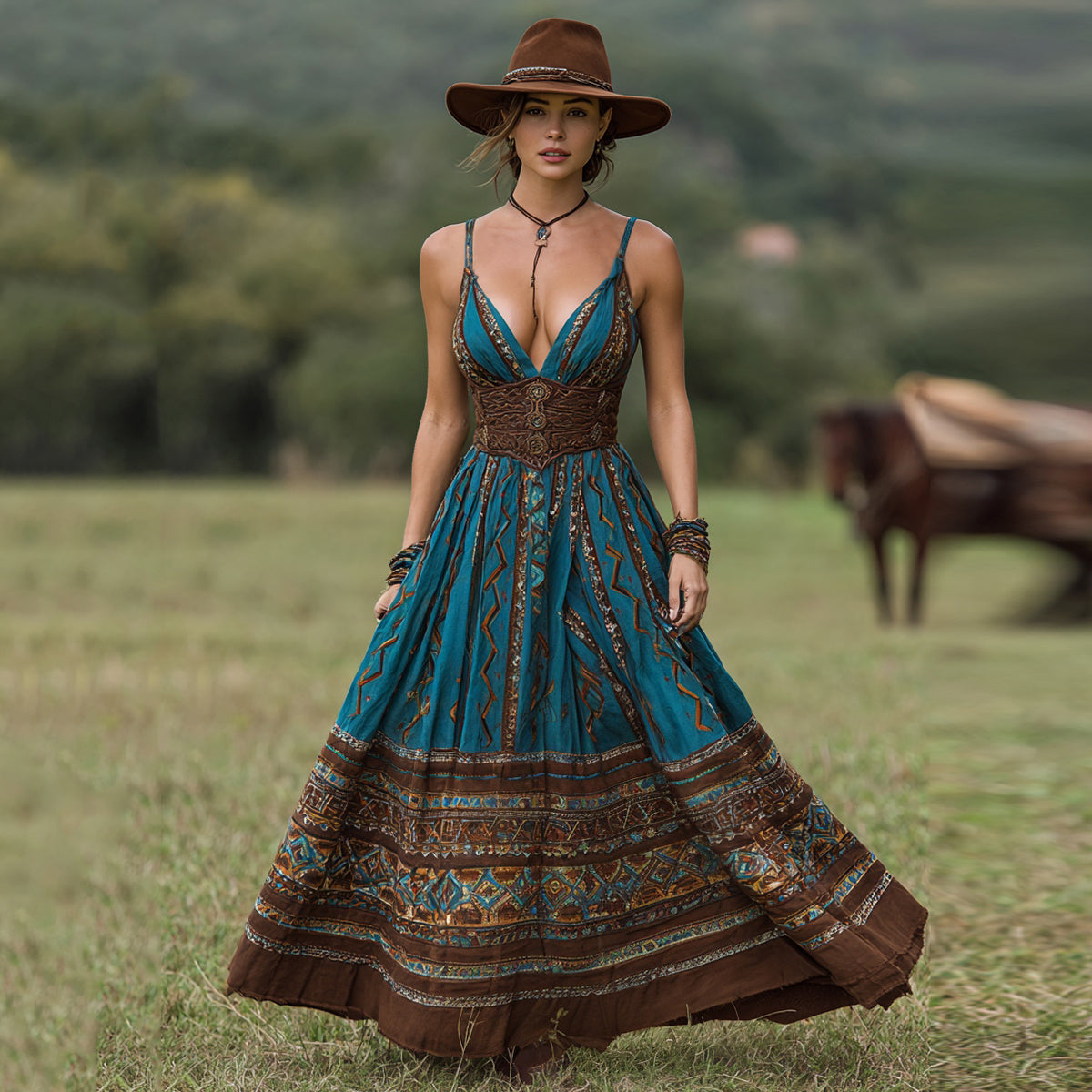 Women's Vintage Western Geometry Print Suspender Maxi Dress artswardrobe