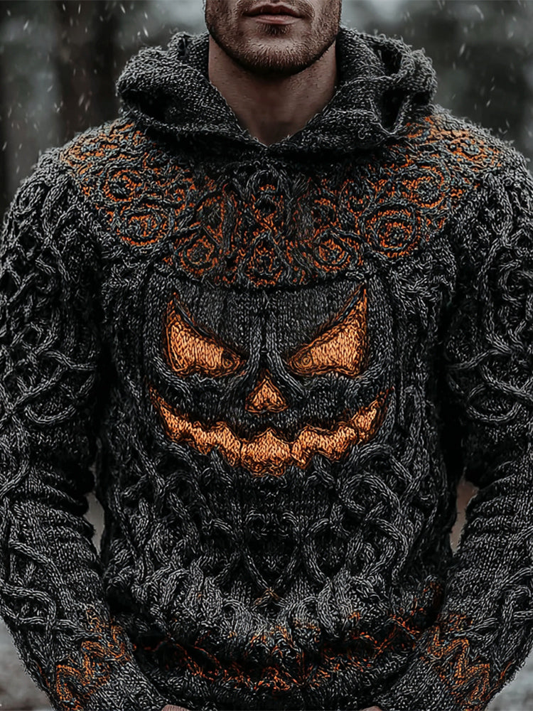 Halloween Viking Evil Pumpkin Men's Chunky Knit Hooded Sweater artswardrobe