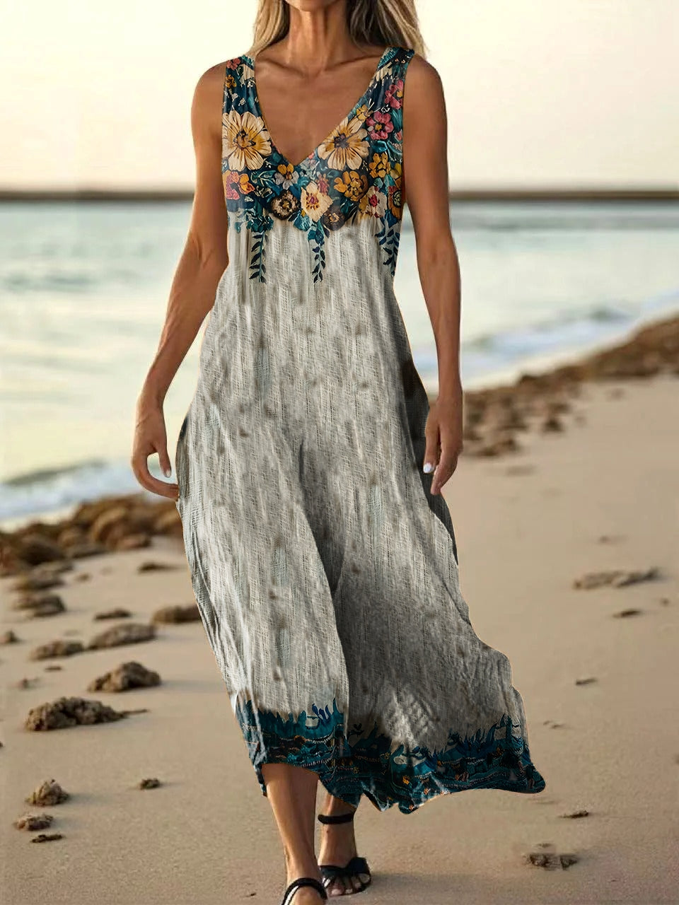 Women's Floral Art Print Pocket Cotton Dresses