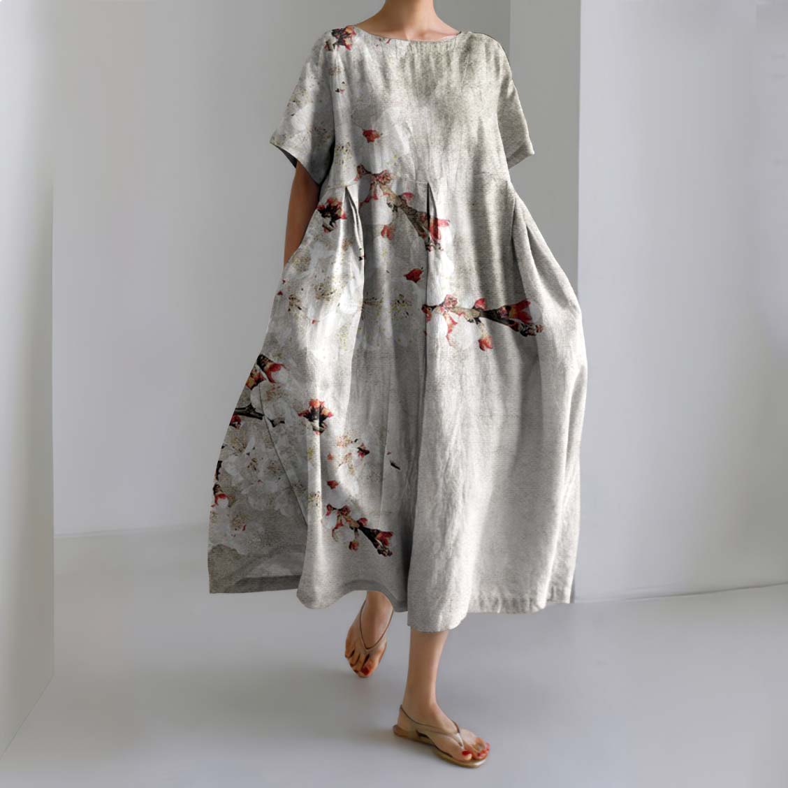 Comstylish Japanese Art Floral Printed Crew Neck Casual Midi Dress