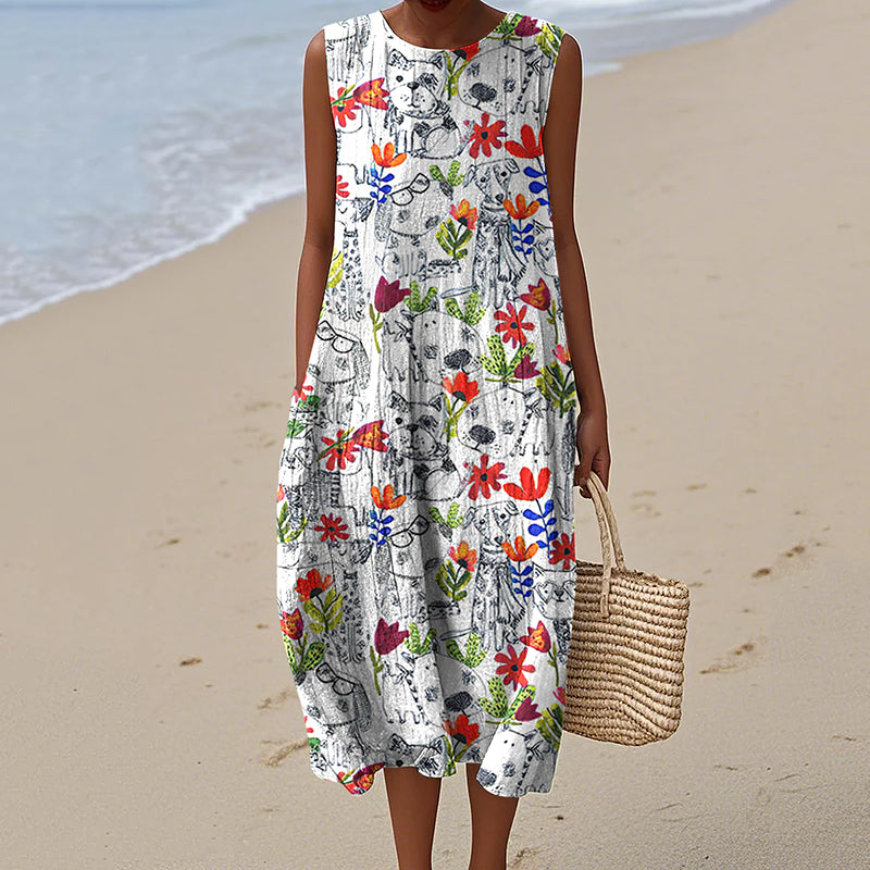 Comstylish Women's Vintage Floral Puppy Family Art Dress