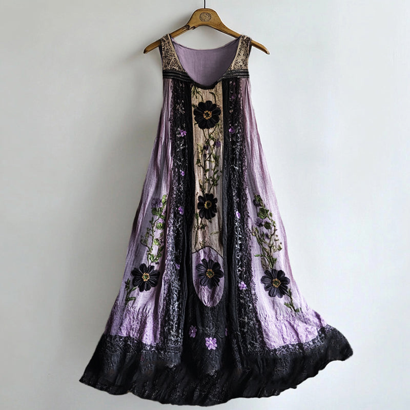 Classy Dark Floral Lace Patchwork Linen Tank Dress artswardrobe