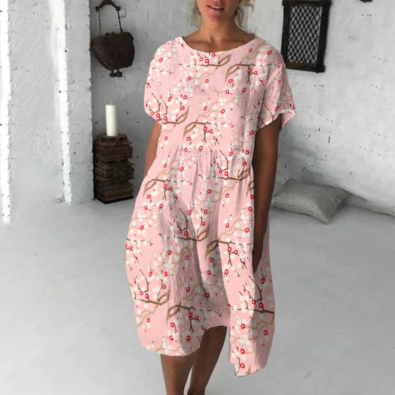 Comstylish Japanese Art Sakura Print Short Sleeve Loose Midi Dress