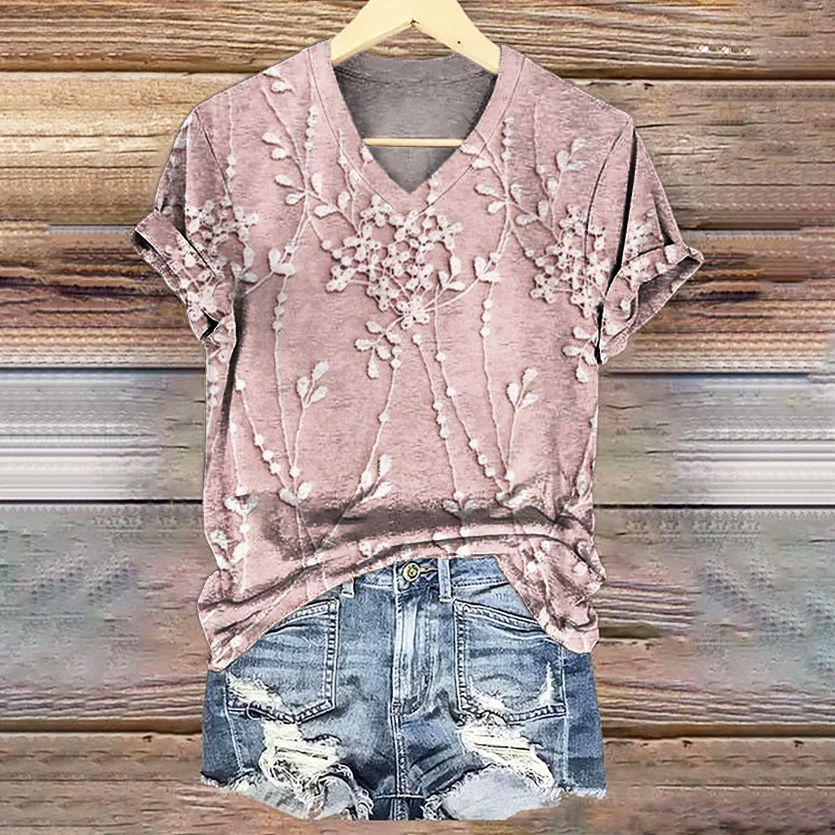 Women's Floral Texture Art Print V-neck Casual T-Shirt