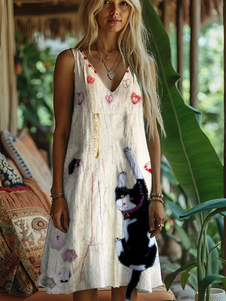 Threadstripe Black And White Cat Pattern Vintage Linen Vest Dress elevenforest