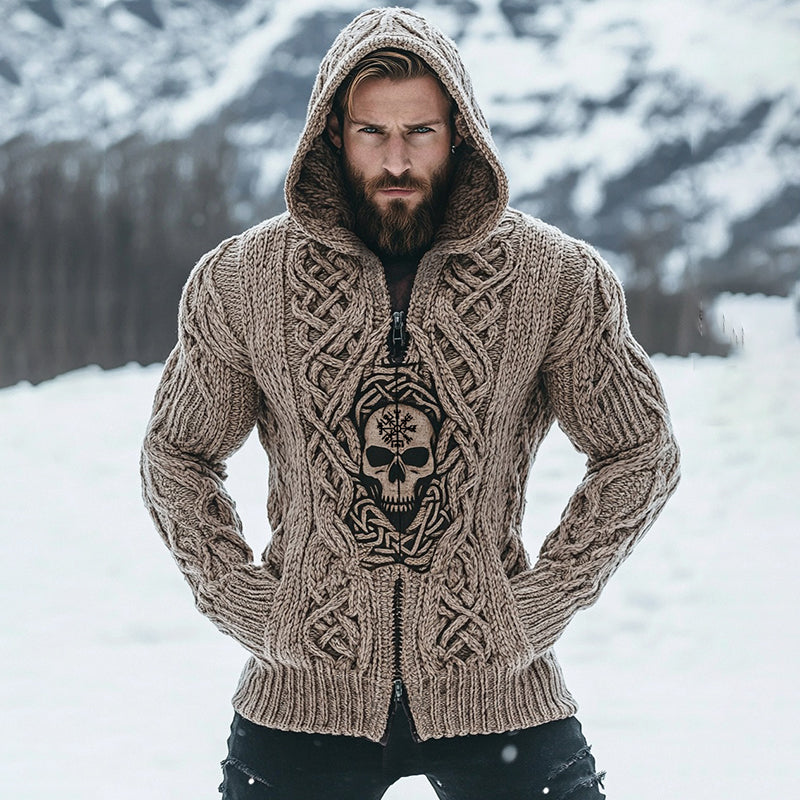 Men's Vintage Viking Runes Skull Inspired Celtic Zipper Hooded Cardigan artswardrobe