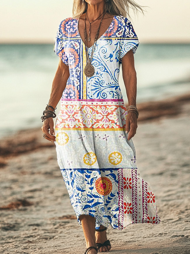 Women's Vintage Floral Patchwork Art Print Pocket Cotton Dress