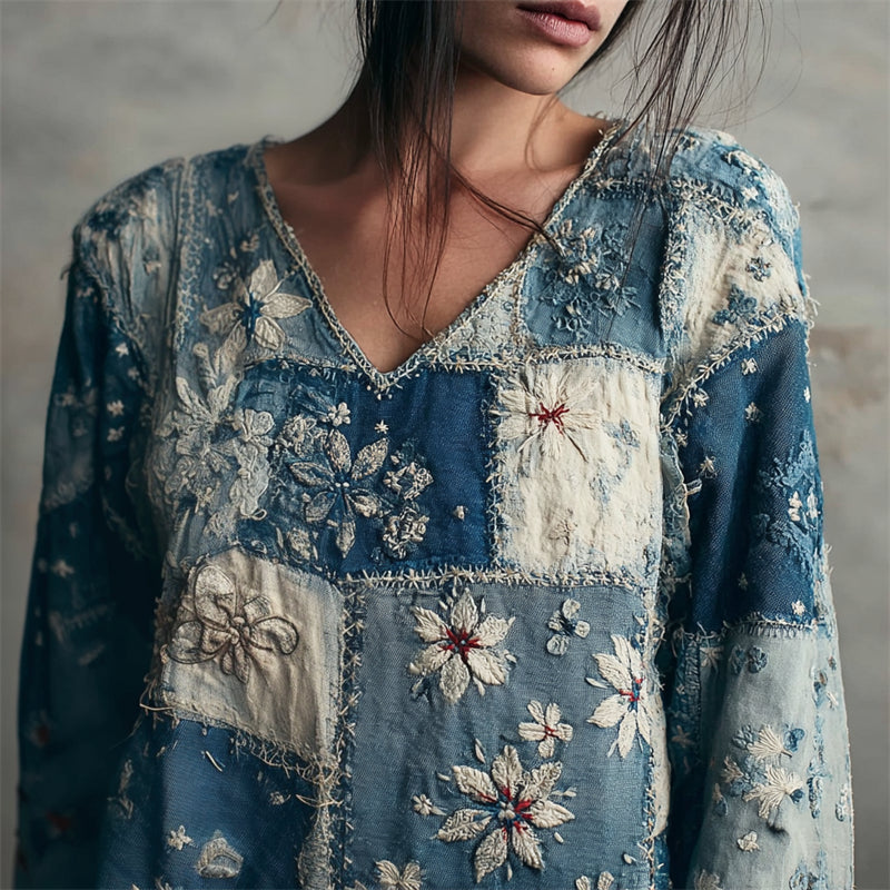 Comstylish Floral Lace Japanese Sashiko Inspired Patchwork Linen Tunic
