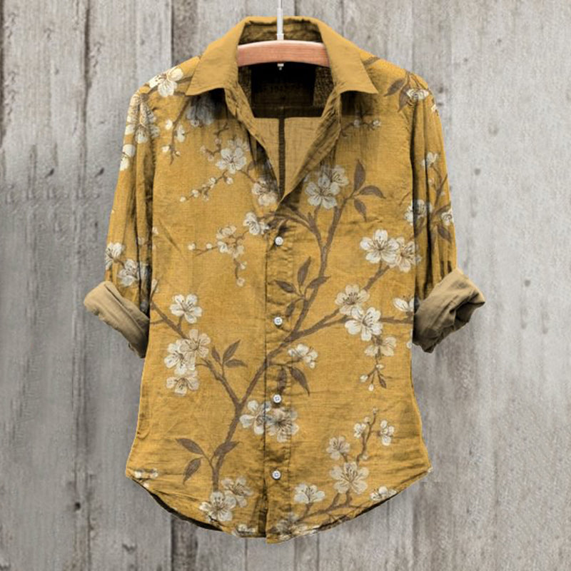 Comstylish Floral Art Print Long Sleeve Cotton And Linen Shirt