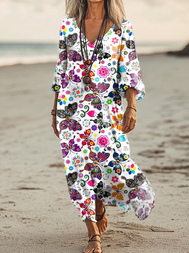 Women's Vintage Butterfly Art Print Pocket Cotton Dress