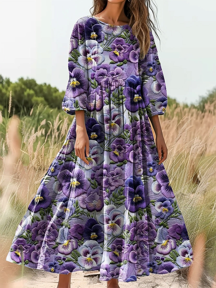 Comstylish Women's Floral Print Flowy Cotton Crew Neck Dress