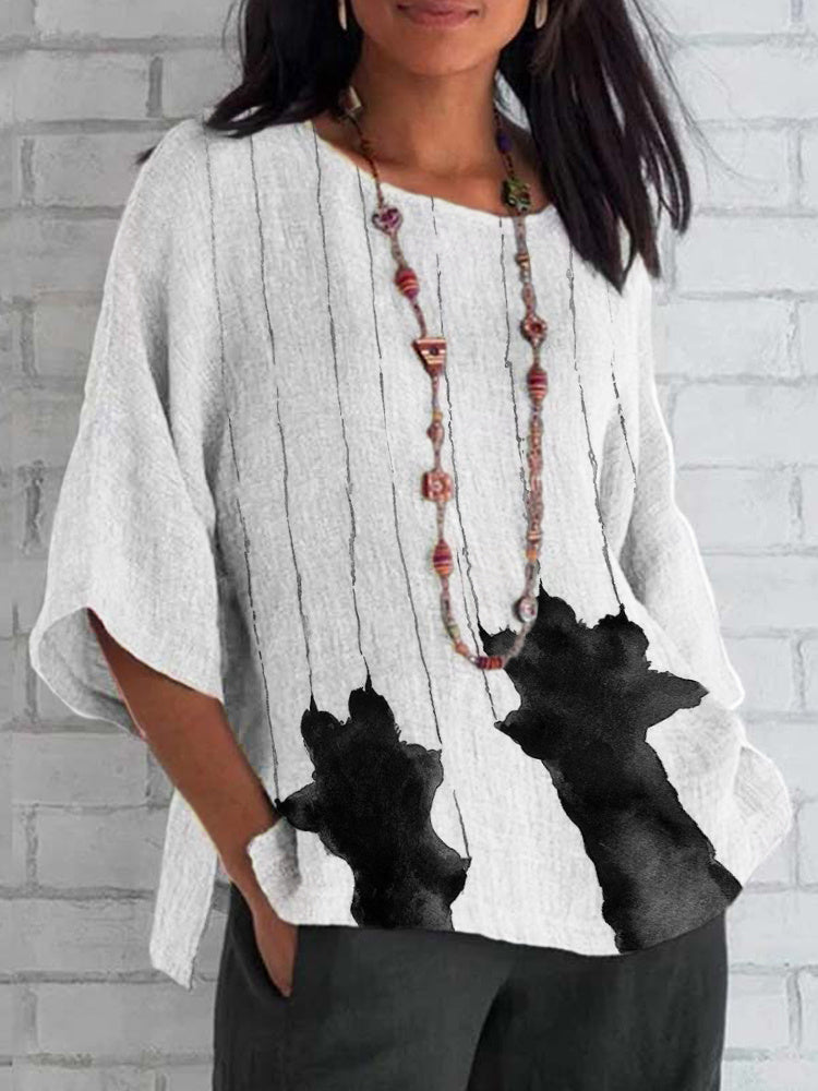 Cat Scratch Print Linen Crew Neck Shirt elevenforest