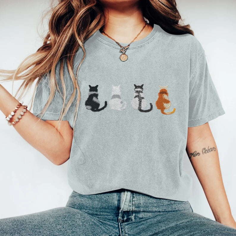 Comstylish Vintage Embroidered Cat Art T-Shirt