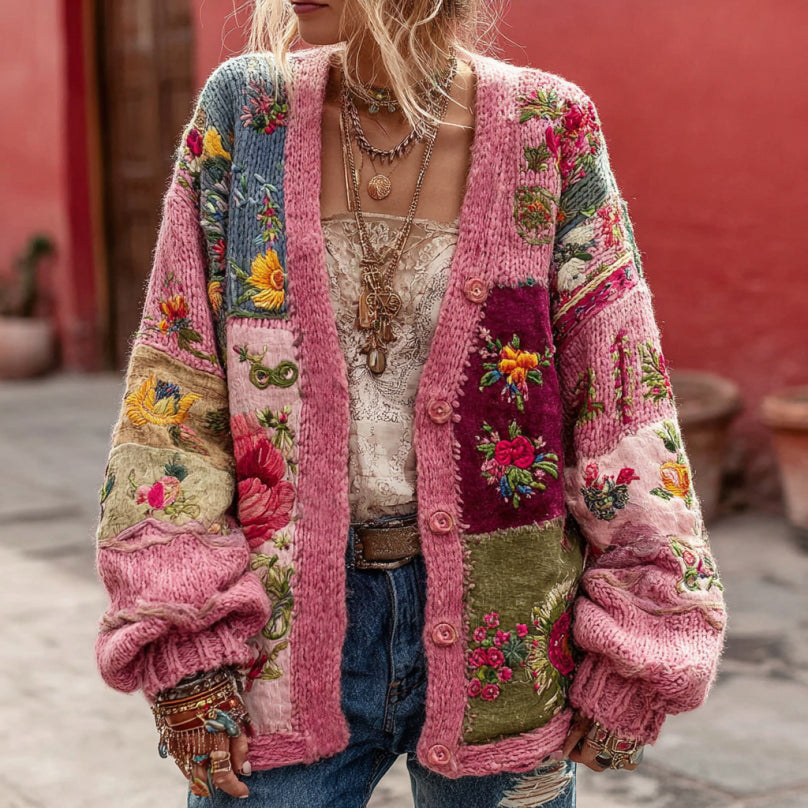 Women's Bohemian Flower Embroidery Patchwork Art V-neck Knit Sweater Cardigan artswardrobe