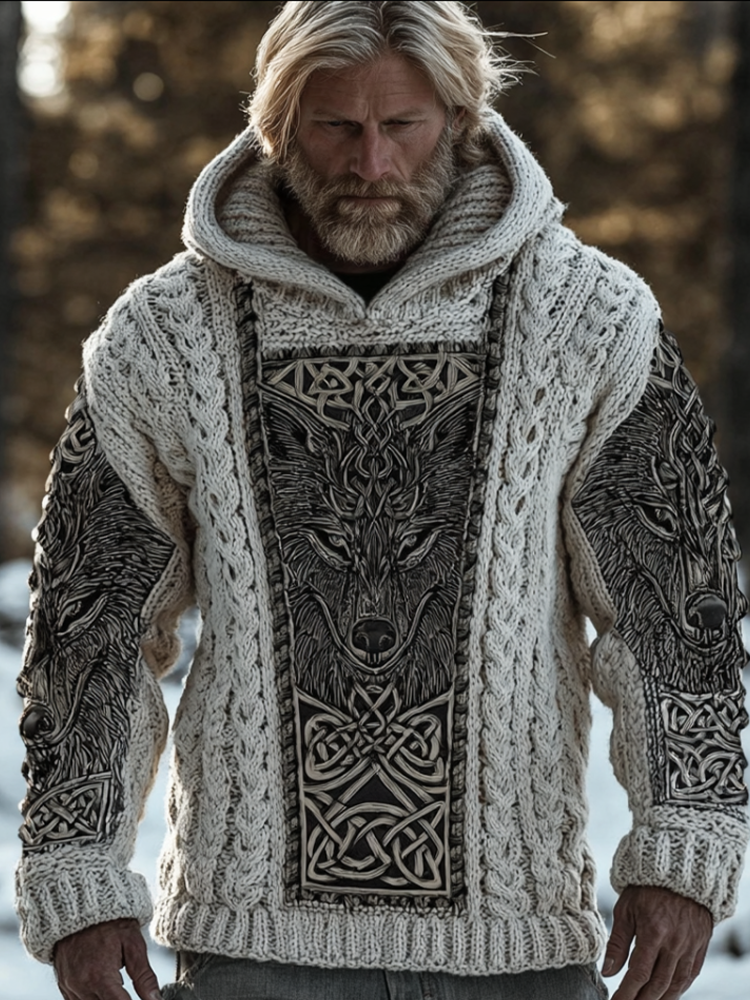 Men's Hooded Thick Sweater With Viking Style Tribal Totem And Wolf Totem Patterns artswardrobe