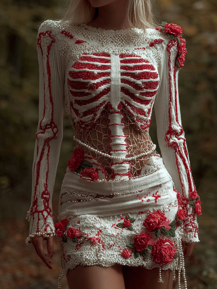 Women's Halloween Three-dimensional Skeleton Blood Stained Rose Strap Dress artswardrobe