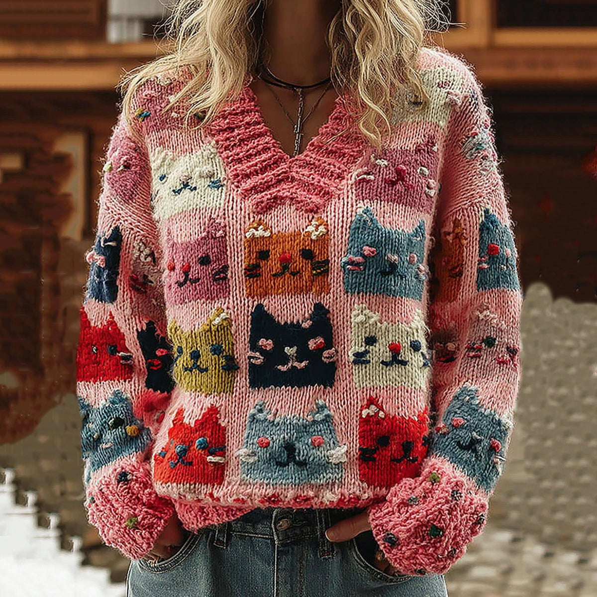 Colorful Cats Pattern Art Cozy Knit V Neck Sweater artswardrobe