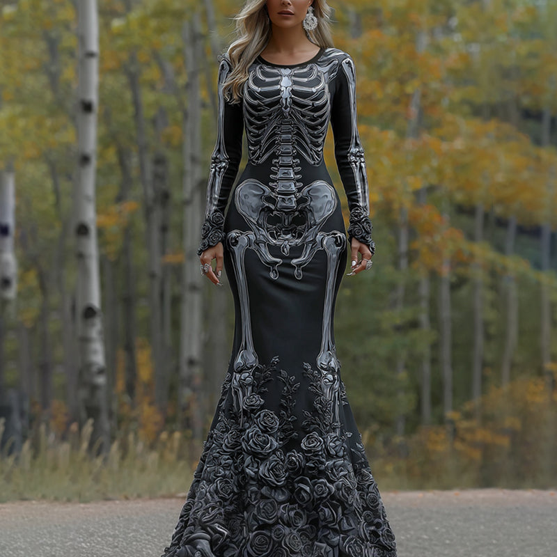 Comstylish Women's Vintage Halloween Skeleton Bones With Rose Art Cozy Long Sleeve Maxi Dress
