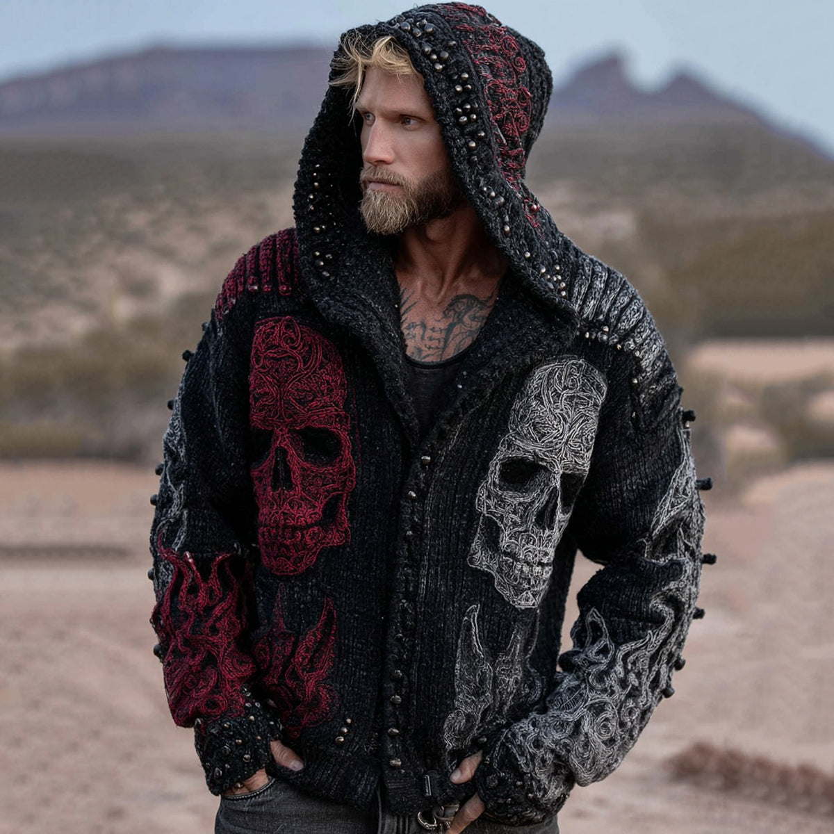 Men's Retro Skull And Flame Inspired Knitted Asymmetrical Design Zipper Up Hooded Cardigan artswardrobe