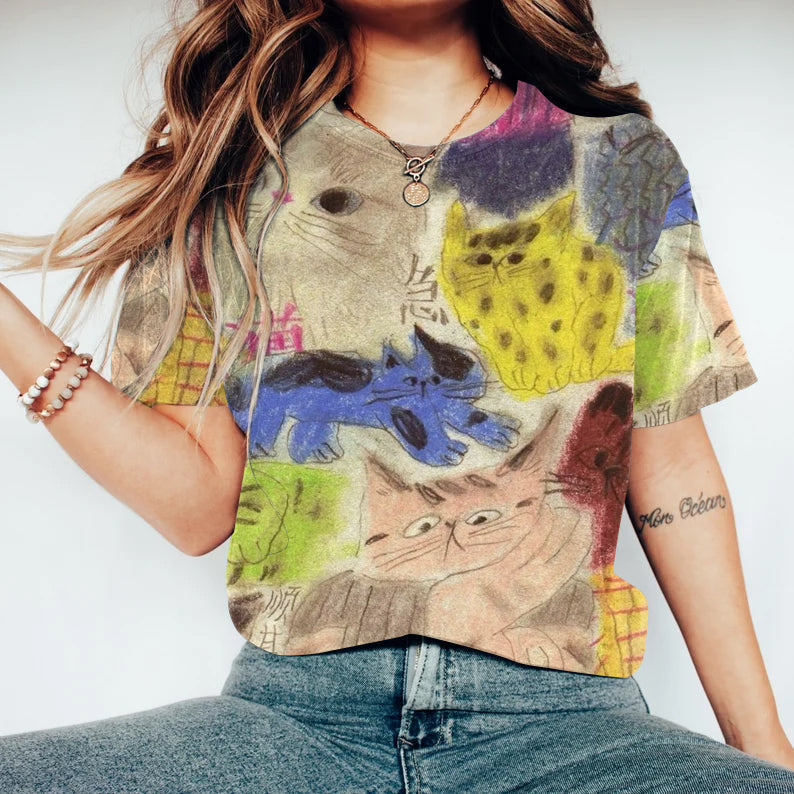 Women's Retro Colorful Cat Print Washed T-shirt elevenforest