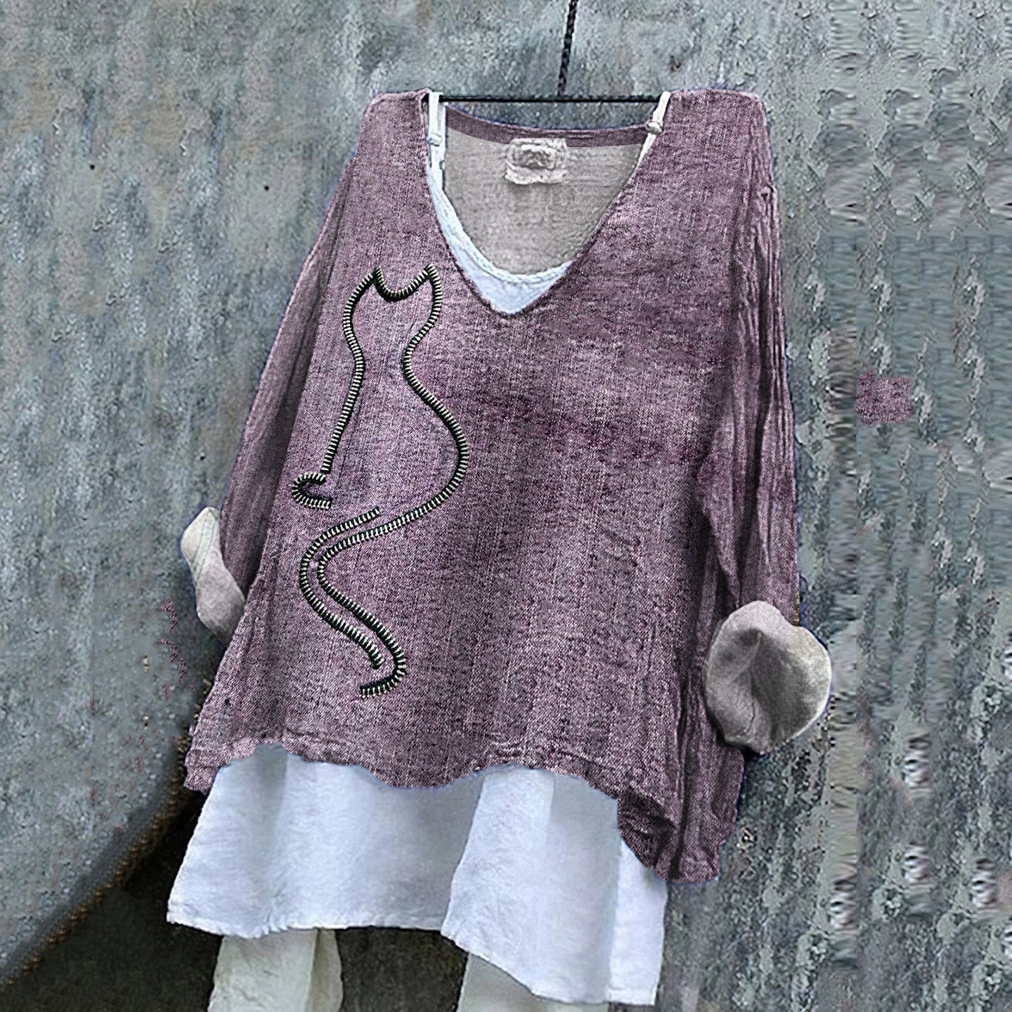 Comstylish Women's Abstract Zipper Cat Art Cotton And Linen V-neck Shirt