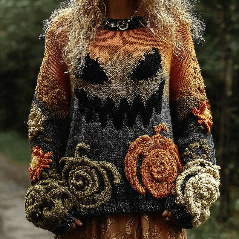 Halloween Pumpkin Evil Face Art Cozy Knit Sweater artswardrobe