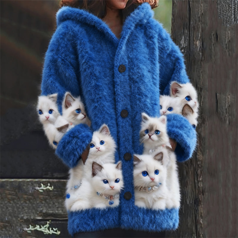 Comstylish Classy Fuzzy Ragdoll Cats Cozy Hooded Cardigan
