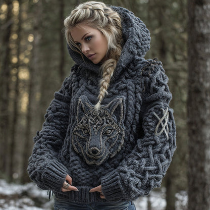 Women's Viking Celtic Wolf Knit Jacquard Warm Hooded Sweater artswardrobe