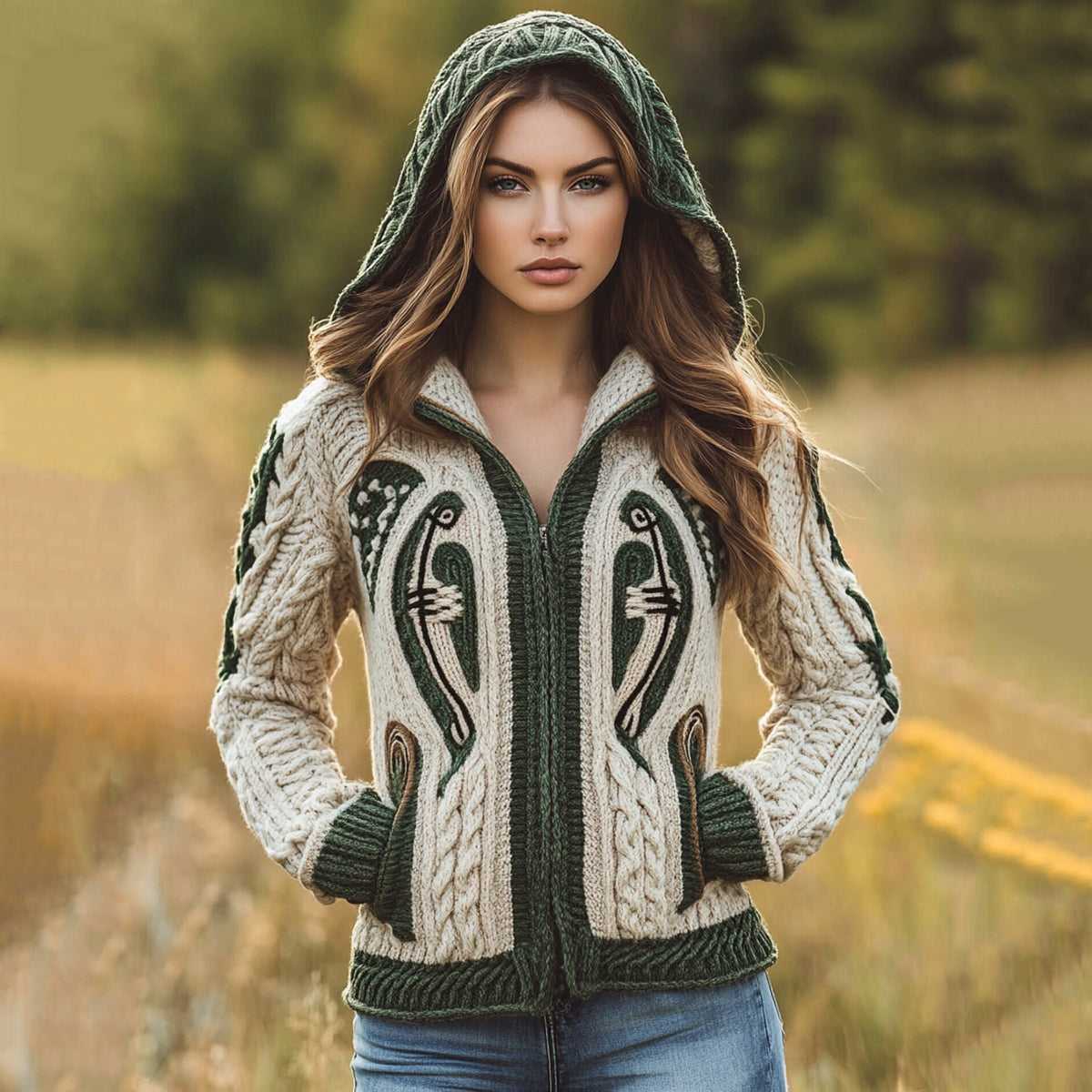 Women's Celtic Knot Harp Jacquard Hooded Pocket Zip Sweater artswardrobe
