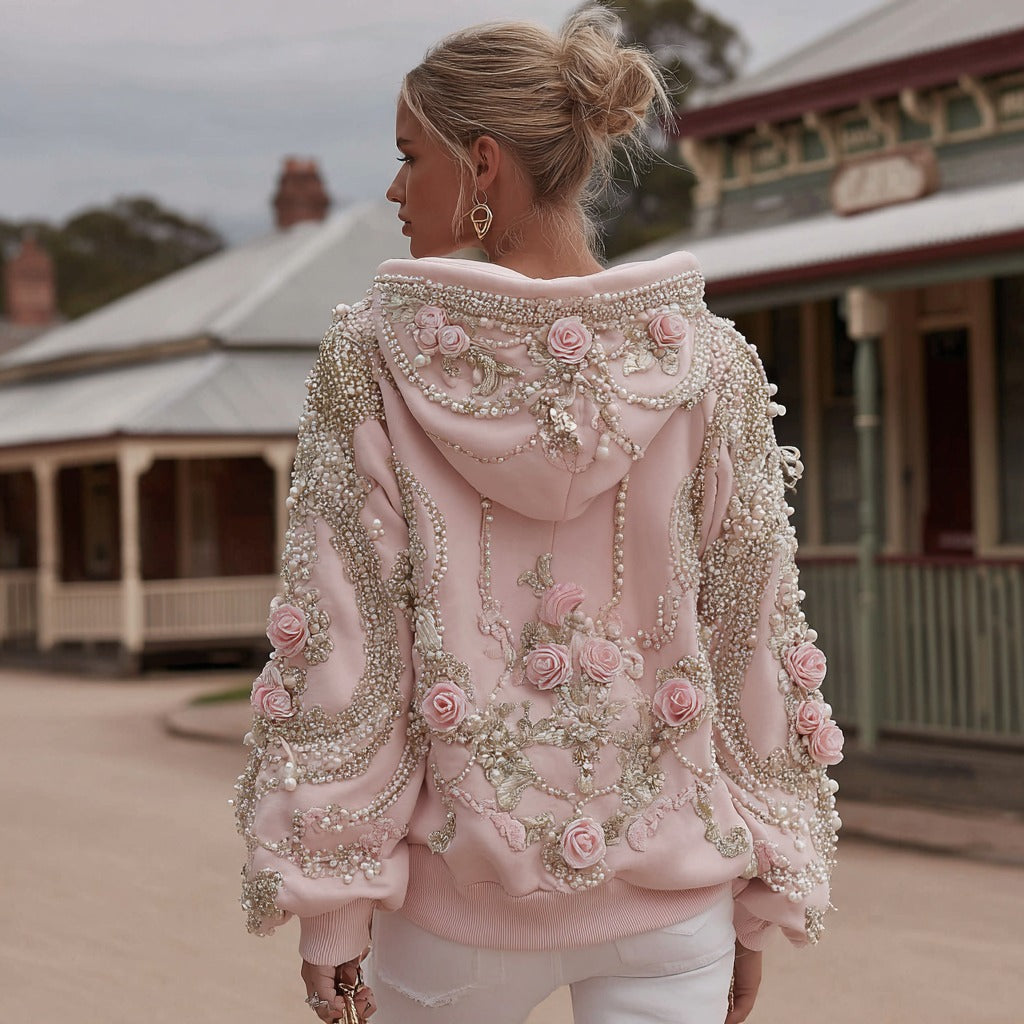 Comstylish Women's Vintage Rose Pearl Embroidery Comfortable Warm Hoodie