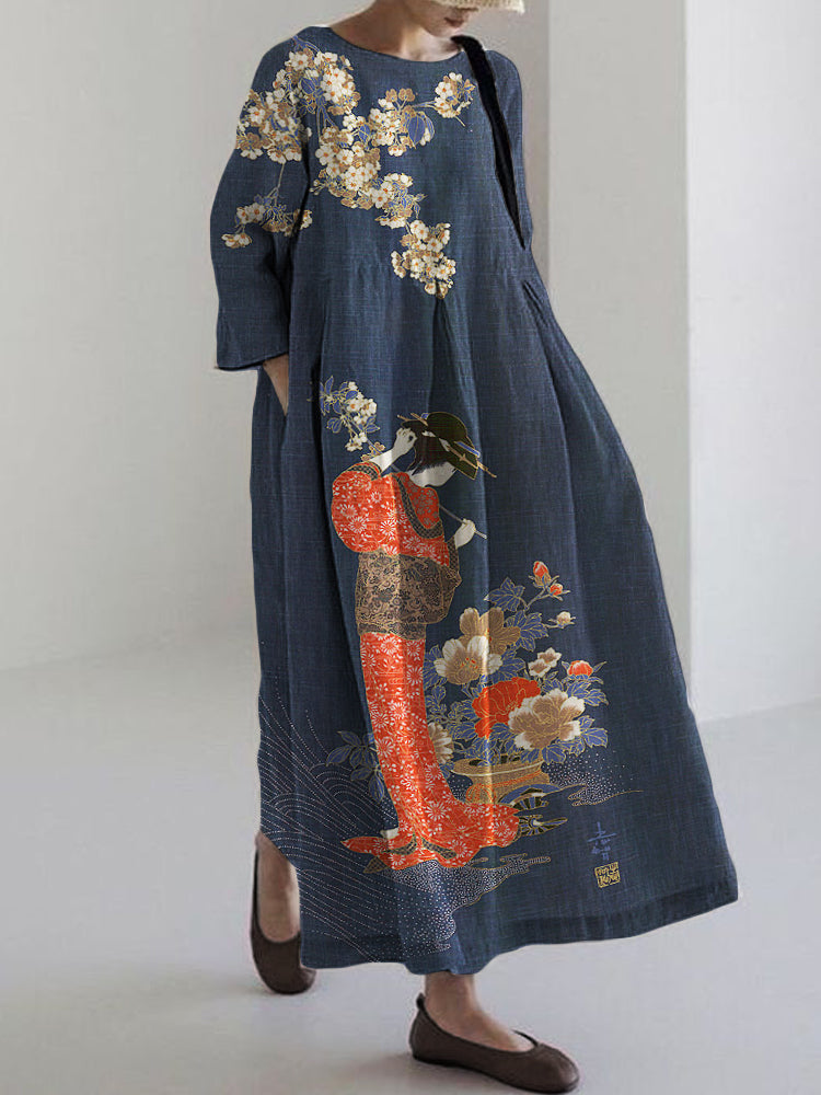 Comstylish Elegant Japanese Geisha with Flowers Art Linen Blend Maxi Dress