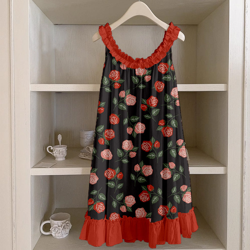 Cottagecore Roses Floral Pattern Ruffle Trim Linen Dress artswardrobe