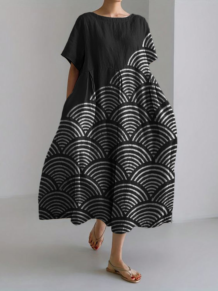 Comstylish Sea Waves Japanese Lino Contrast Linen Blend Maxi Dress