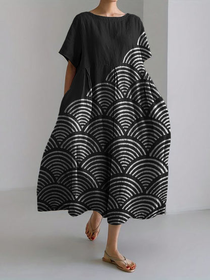 Comstylish Sea Waves Japanese Lino Contrast Linen Blend Maxi Dress