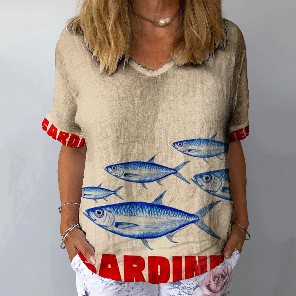 Comstylish Women's Vintage Ocean Fish Sardines Art Print Casual Cotton And Linen Shirt