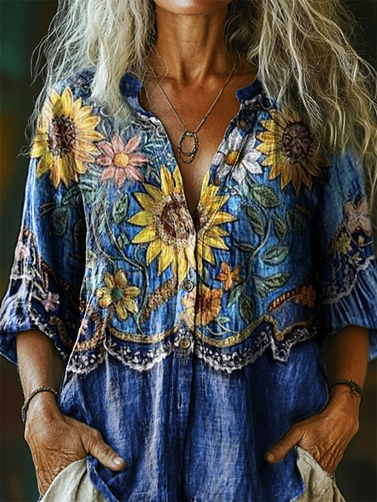 Women's Vintage Bohemian Floral Art Print Casual Cotton Linen Shirt