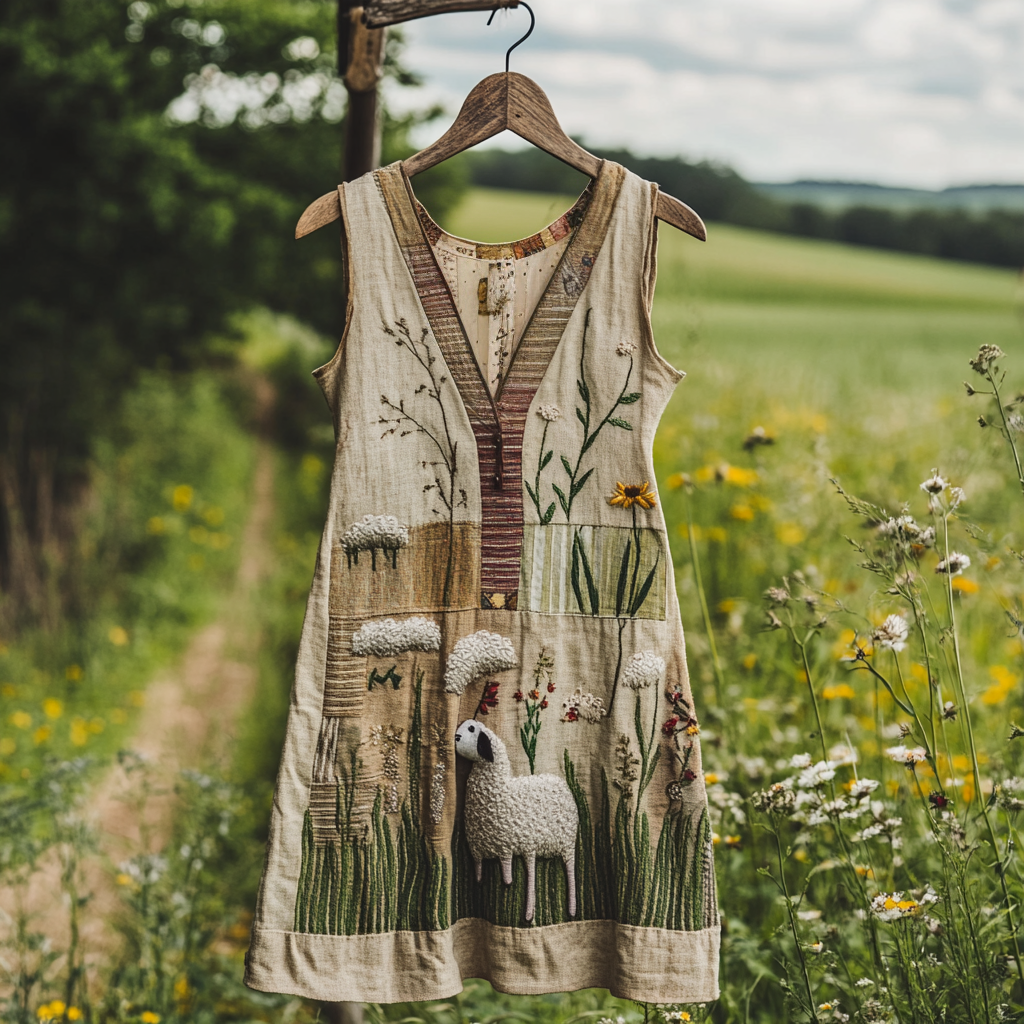 Women's Vintage Sheep And Grass Floral Print V-neck Dress artswardrobe