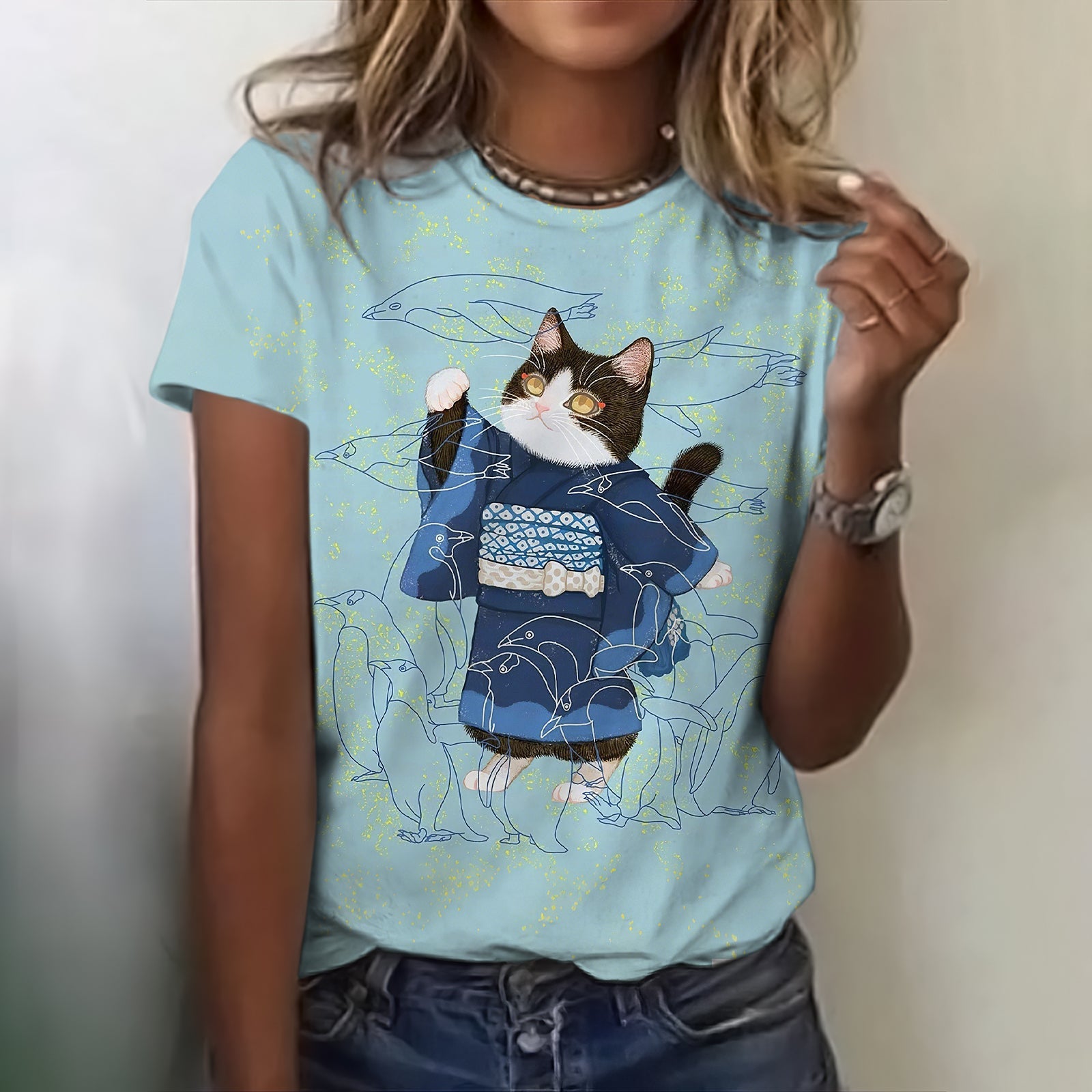 Cat In Kimono Fun Penguin T-shirt elevenforest