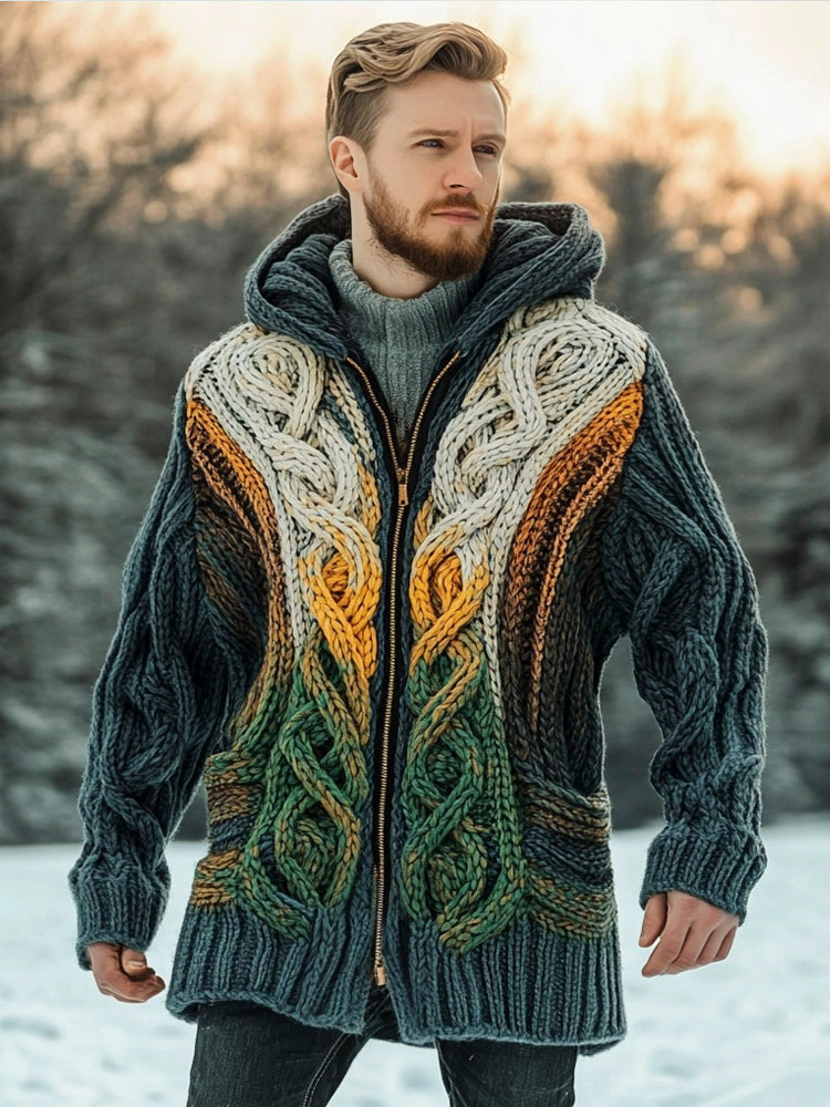 Celtic Knot Gradient Chunky Knit Pattern Men's Zipper Hooded Sweater artswardrobe