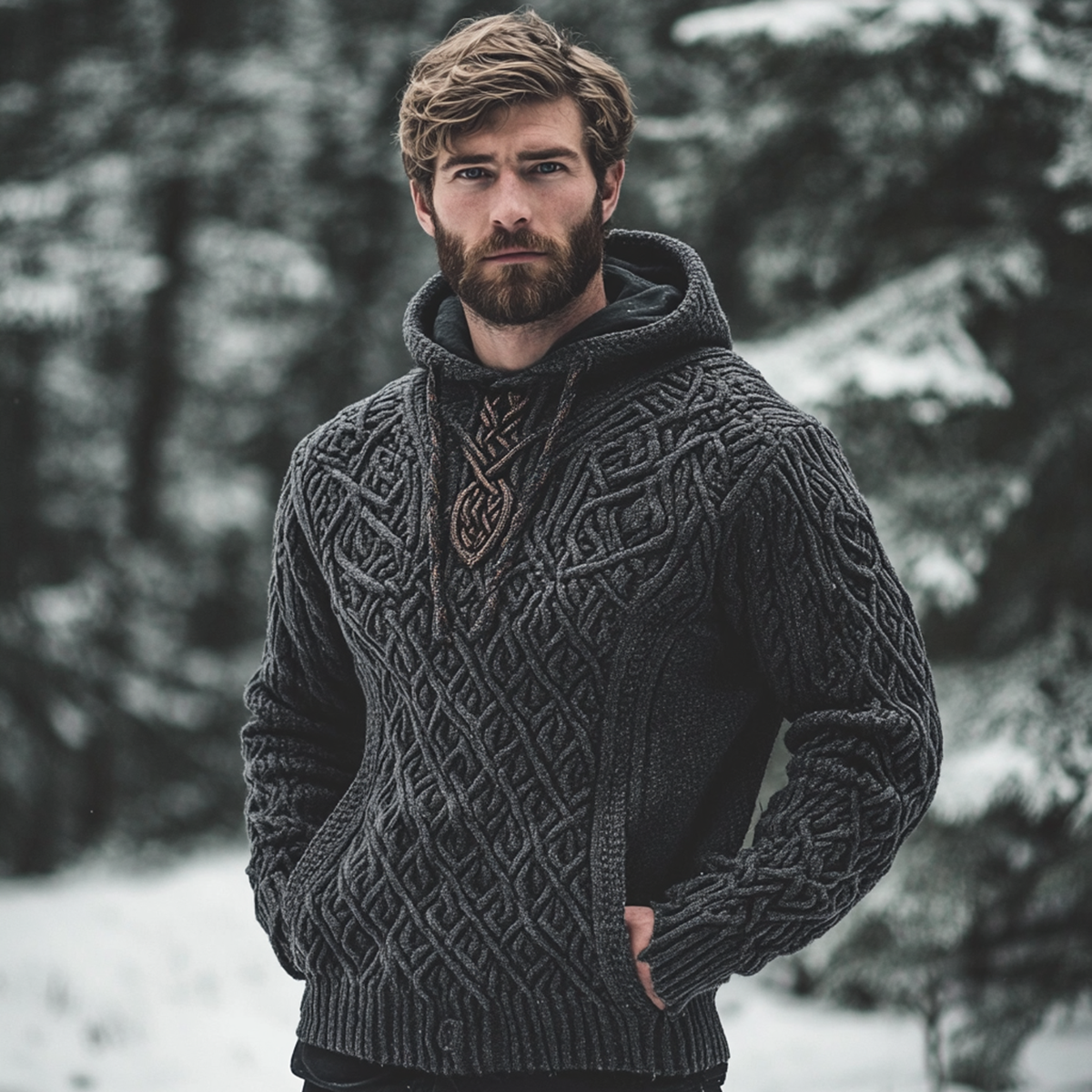 Men's Vintage Viking Inspired Celtic Jacquard Hooded Sweater artswardrobe