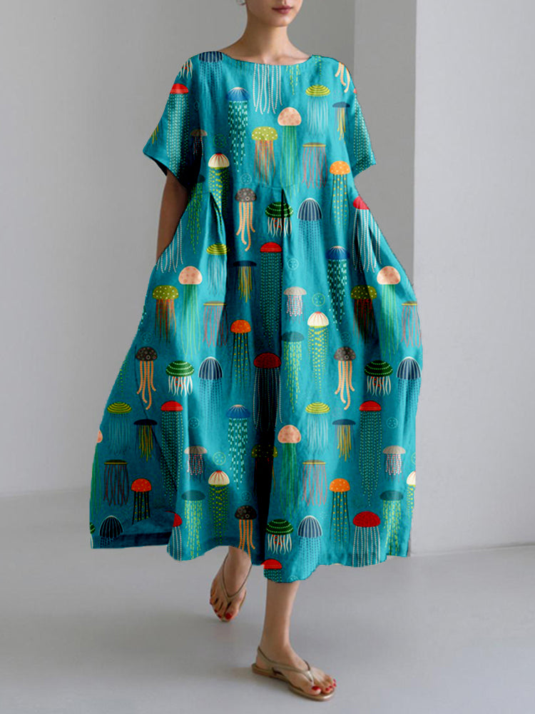 Colorful Jellyfish Art Pattern Linen Blend Maxi Dress