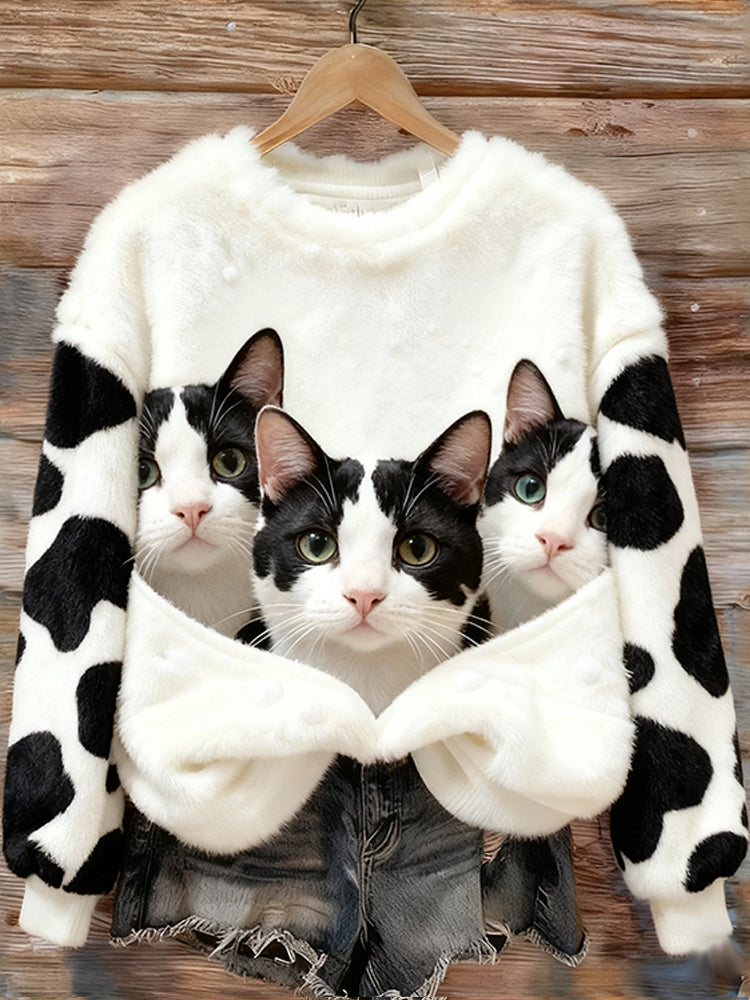 Comstylish Three Cows Plush Warm Round Neck Flannel Sweatshirt