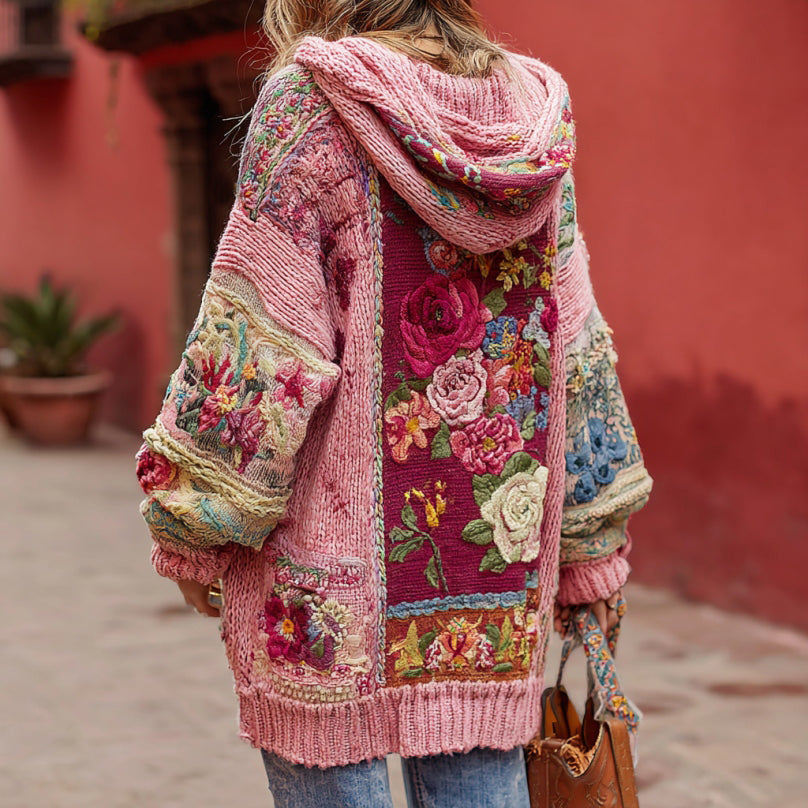 Women's Bohemian Floral Embroidery Patchwork Art Cozy Knit Hooded Sweater Cardigan artswardrobe