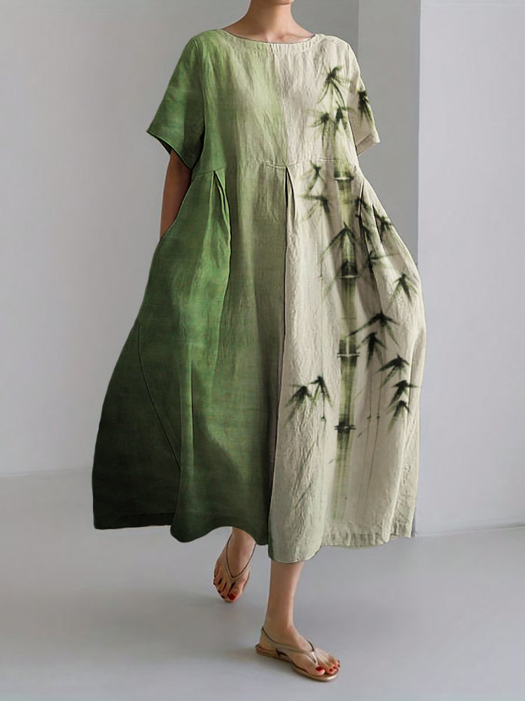 Bamboo Japanese Art Contrast Linen Blend Maxi Dress