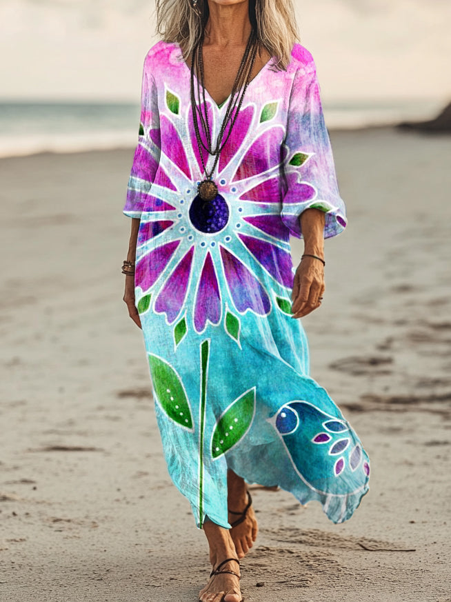 Women's Vintage Floral Art Print Pocket Cotton Dress